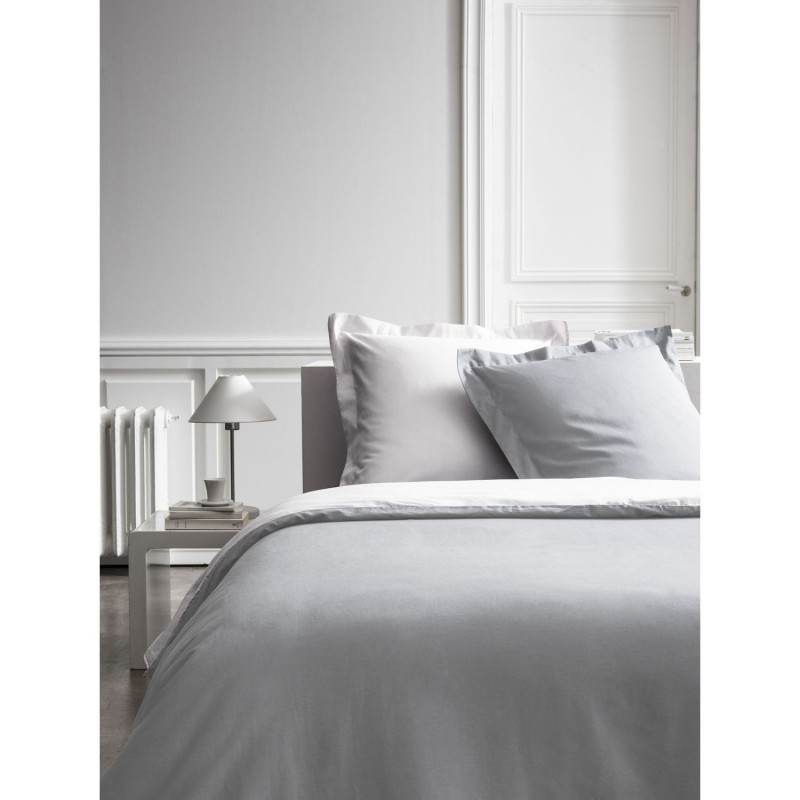 Housse de couette et 2 Taies d'oreiller Bicolore - 240 x 260 cm - Coton Percale - Gris clair et blanc