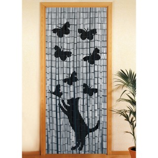 Rideau de porte Chat et Papillon - Bambou - 90 x 200 cm - Gris