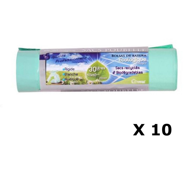 Lot de 10 - 20 Sacs poubelle Ecologiques liens coulissants - 30 L - Vert