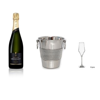 Lot Seau à Champagne acier et strass, 6 flûtes à Champagne et Champagne Gremillet bouteille 75cl - 3 produits