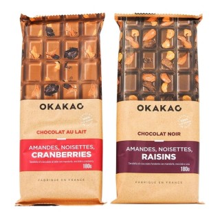 Chocolat Lait Amandes, Noisettes, Cranberries  - Okakao - tablette 180g