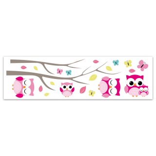 Lot 2x Sticker enfant Chouettes - 70 x 20 cm - Blanc et rose