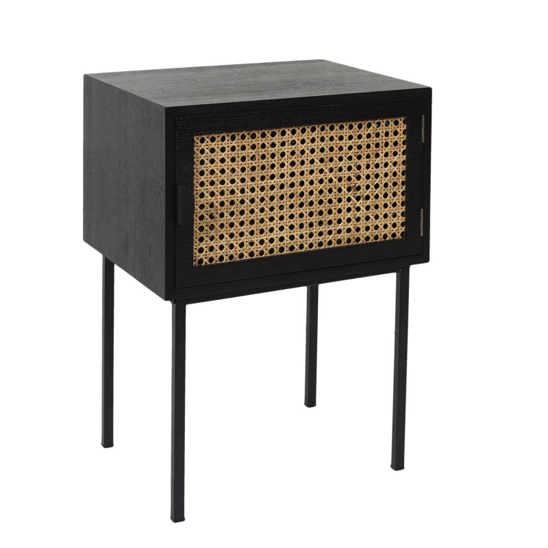 Table de chevet en cannage 1 porte en Bois et métal - Noir et marron