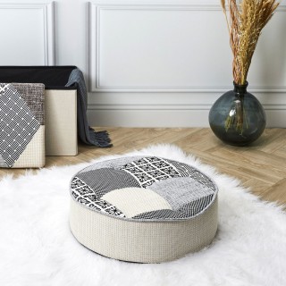 Pouf rond patchwork - Beige et Gris