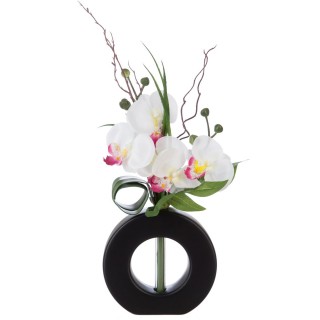 Composition florale vase noir mat - Hauteur 44 cm - Orchidée fleur rose