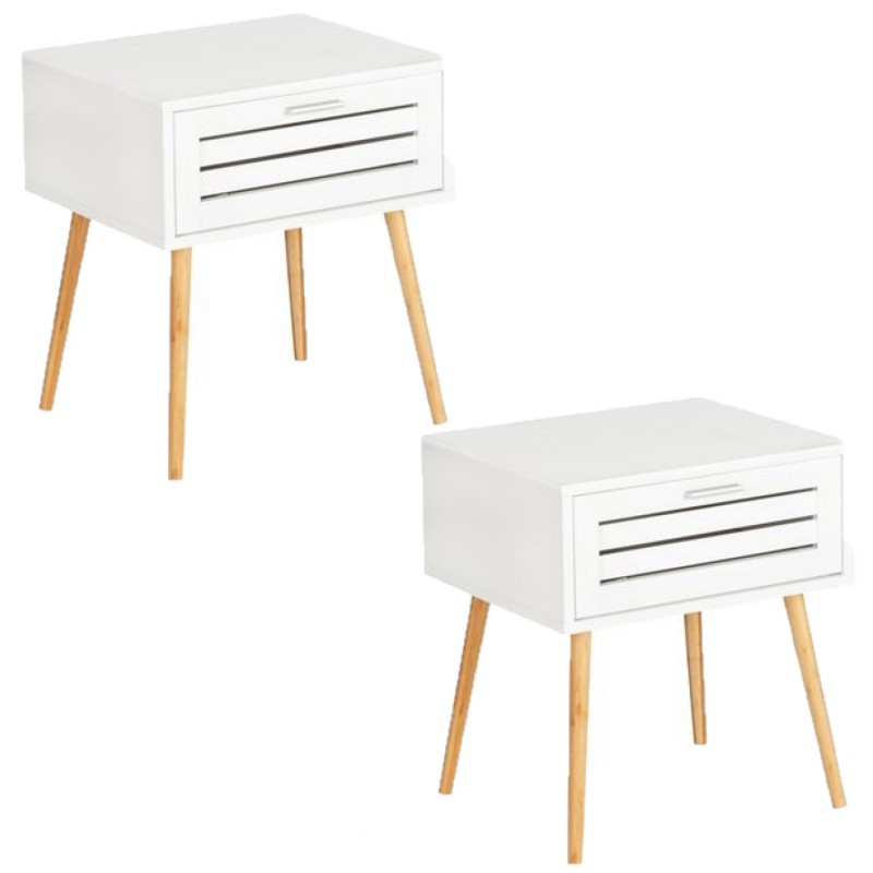 Lot de 2 Tables de chevet Finja avec 1 tiroir en Bambou et MDF - Blanc et bois Lot de 2 Tables de chevet Finja avec 1 tiroir en Bambou et MDF - Blanc et bois