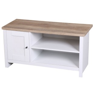 Meuble TV Virginia avec 2 étagères et 1 porte au style colonial - Longueur 95 cm x Hauteur 49 cm - Bois et blanc