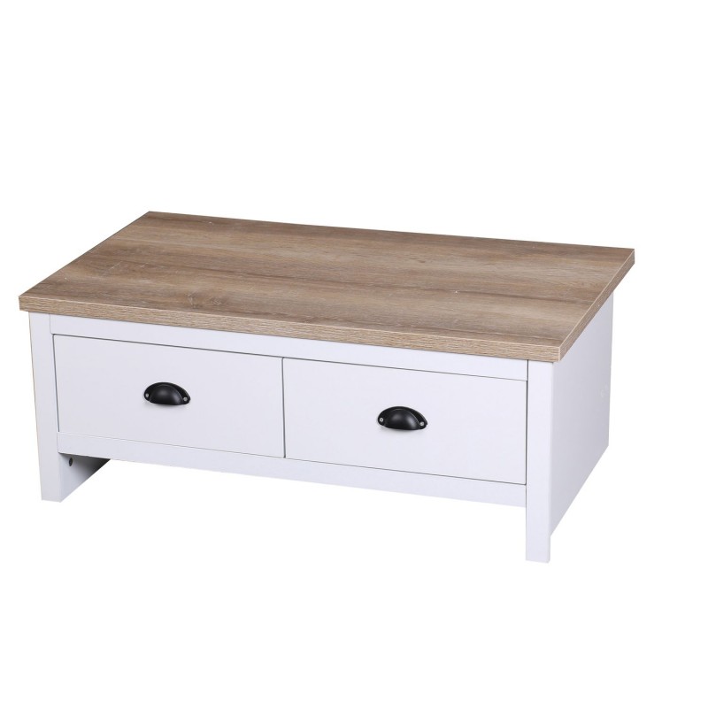 Table basse Virginia avec 2 tiroirs au style colonial - Longueur 90 cm x Hauteur 36 cm - Bois et blanc