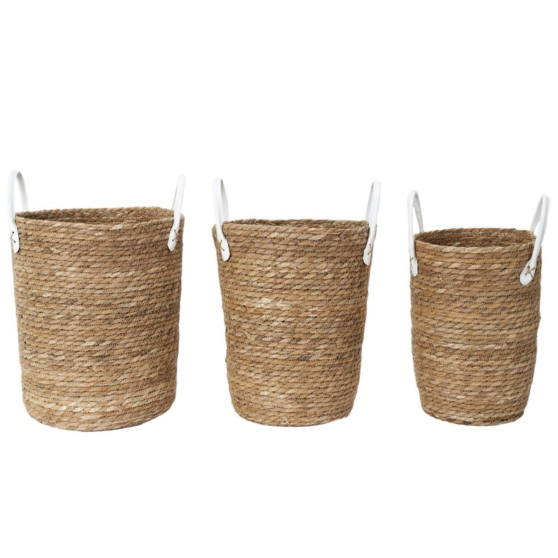 Lot de 3 paniers tressés avec 2 anses en similicuir - Beige et Blanc Lot de 3 paniers tressés avec 2 anses en similicuir - Beige et Blanc