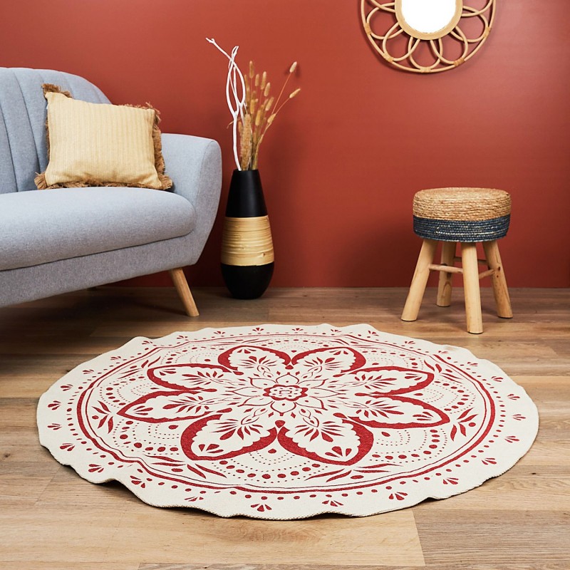 Tapis rond imprimé mandala - Diamètre 120 cm - Terracotta