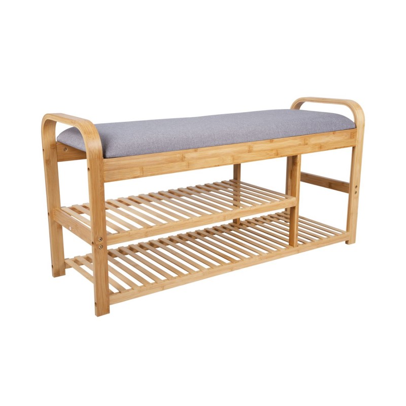 Banc Arch avec deux étagères en bambou et tissu - Gris