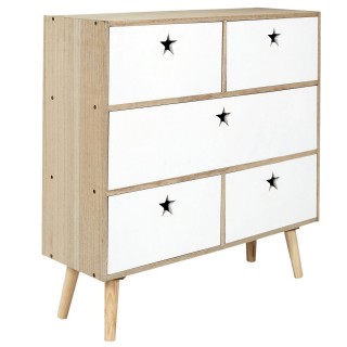 Commode 5 tiroirs Like a Star - en MDF et Bois de Pin - Blanc et Marron