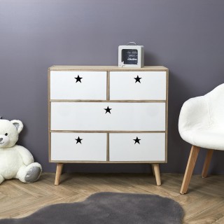 Commode 5 tiroirs Like a Star - en MDF et Bois de Pin - Blanc et Marron