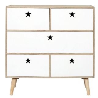 Commode 5 tiroirs Like a Star - en MDF et Bois de Pin - Blanc et Marron