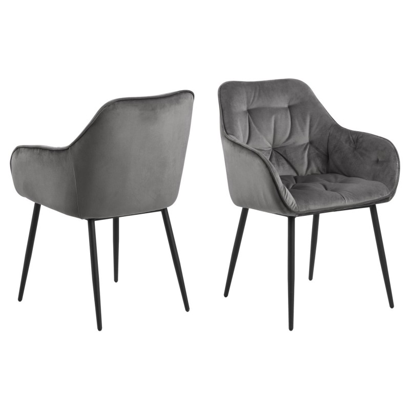 Lot de 2 Chaises de salle à manger Florie avec accoudoisr effet velours - Gris et Noir