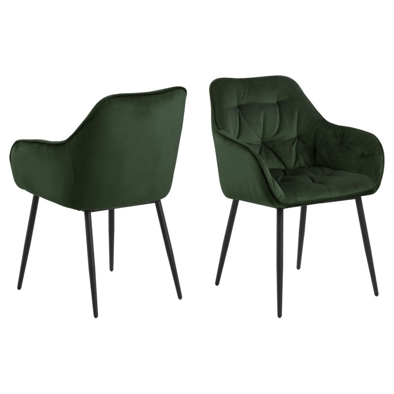 Lot de 2 Chaises de salle à manger Florie avec accoudoirs effet velours - Vert sapin et Noir
