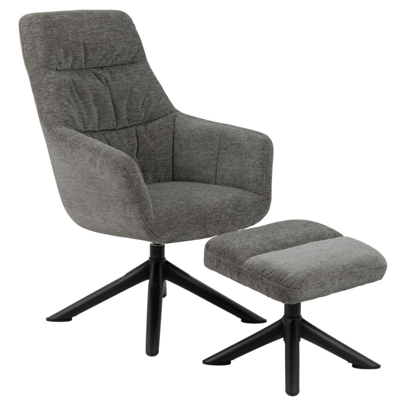 Fauteuil Hailey de salon avec accoudoirs et repose-pieds - Gris et Noir