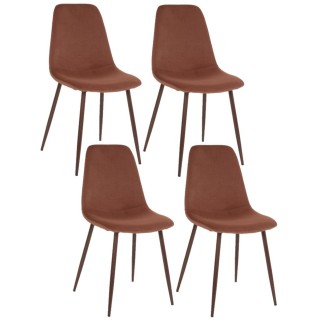Lot de 4 Chaises confortables en polyester effet velours et pieds en fer Roka - Rouge Terracotta