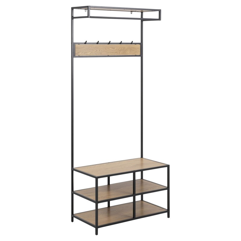 Banc d'entrée avec 2 étagères de rangement et 5 accroches - MDF et Métal - Noir et Beige