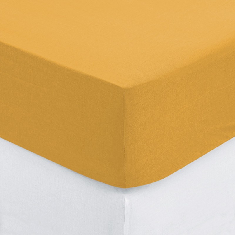 Drap Housse bonnet 30 cm 100% Lin 2 Places 140x190 cm - Jaune Ocre