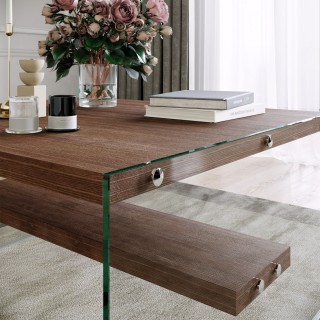 Table basse carrée 1 étagère en bois de pin et sa structure en verre - Marron