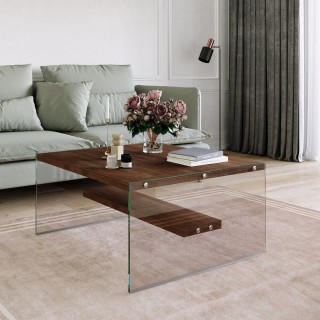 Table basse carrée 1 étagère en bois de pin et sa structure en verre - Marron