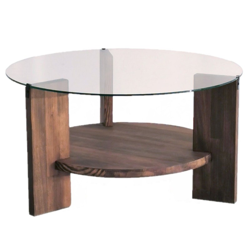 Table basse ronde en verre et panneaux de particules - Diam. 75cm H. 40cm - Marron