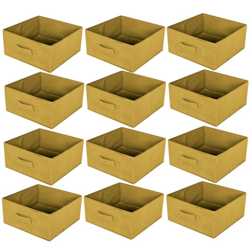 Lot de 12 boites de rangement pliables en tissus avec poignée - 30x30x15cm - Jaune Ananas