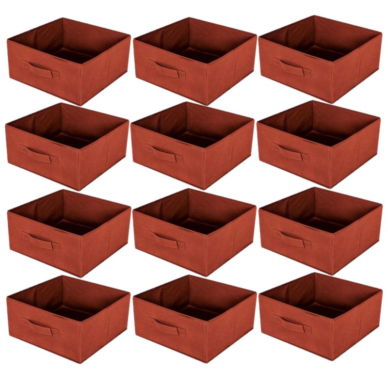 Lot de 12 boites de rangement pliables en polypropylène avec poignée - 30x30x15cm - Rouge Brique