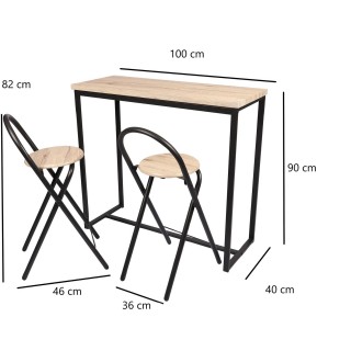 Table murale et ses 2 tabourets Dock en MDF et Métal - H.90 cm x L.100 cm - Beige et Noir