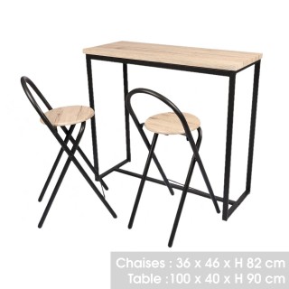 Table murale et ses 2 tabourets Dock en MDF et Métal - H.90 cm x L.100 cm - Beige et Noir