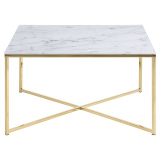 Table d'appoint effet marbre en verre et métal - L.80cm - Doré et blanc