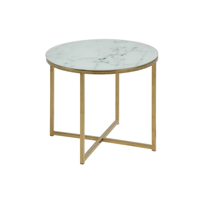 Table à café ronde effet marbre en verre et métal - Diam. 50 cm x H. 42 cm - Doré et blanc Table à café ronde effet marbre en verre et métal - Diam. 50 cm x H. 42 cm - Doré et blanc