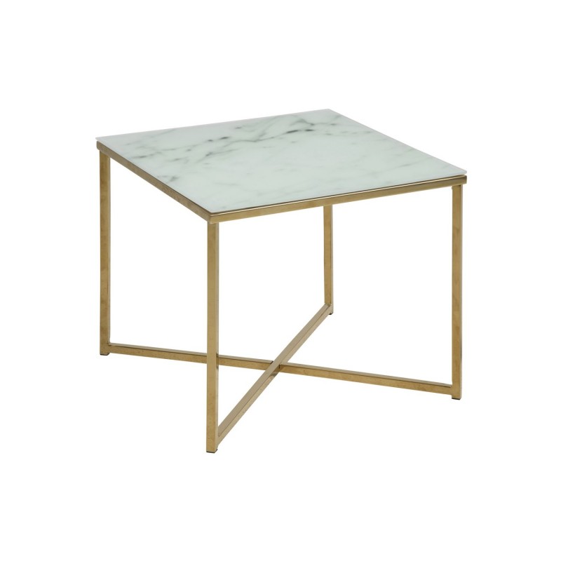 Table à café carrée effet marbre en verre et métal - L. 50 cm x H. 42 cm - Doré et blanc Table à café carrée effet marbre en verre et métal - L. 50 cm x H. 42 cm - Doré et blanc