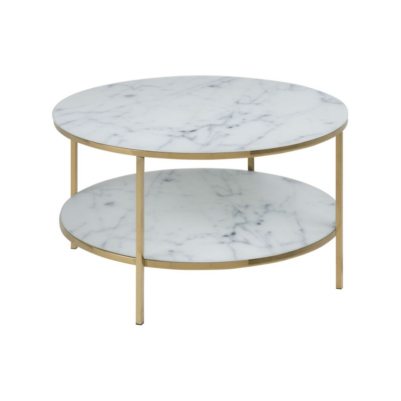 Table basse ronde effet marbre en verre et métal 2 niveaux - L.80 cm x H. 45 cm - Doré et blanc Table basse ronde effet marbre en verre et métal 2 niveaux - L.80 cm x H. 45 cm - Doré et blanc