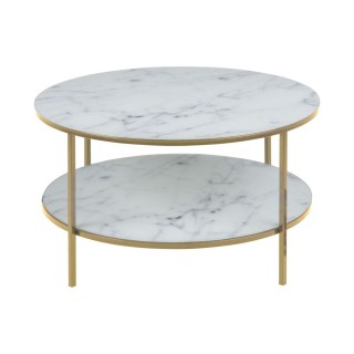 Table basse ronde effet marbre en verre et métal 2 niveaux - L.80 cm x H. 45 cm - Doré et blanc