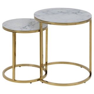 Lot de 2 Tables d'appoint ronde en Marbre et Métal - Diam.45cm + Diam.35cm - Doré, Blanc et Noir