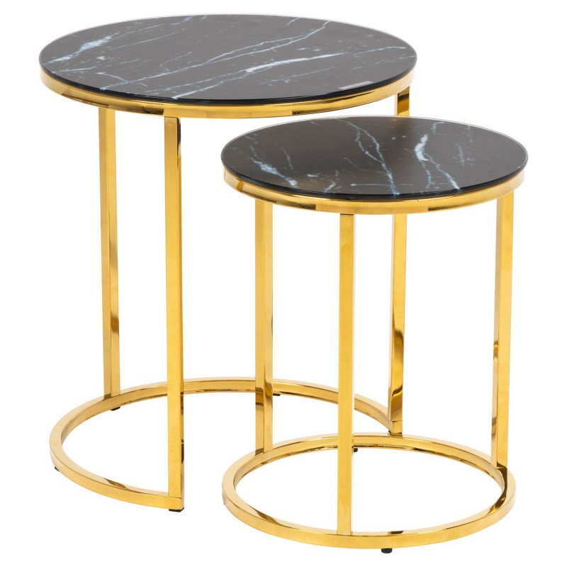 Lot de 2 Tables d'appoint ronde en Marbre et Métal - Diam.45cm + Diam.35cm - Doré et Noir Lot de 2 Tables d'appoint ronde en Marbre et Métal - Diam.45cm + Diam.35cm - Doré et Noir