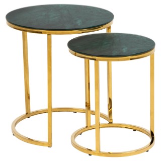 Lot de 2 Tables d'appoint ronde en Marbre et Métal - Diam.45cm + Diam.35cm - Doré et Vert