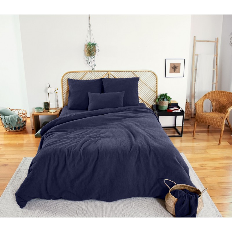Parure de lit - Double gaze de coton - 240 x 260 cm - Marine