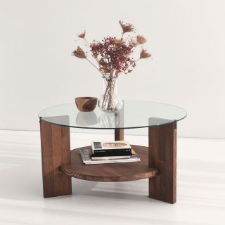 Table basse ronde en verre et panneaux de particules - Diam. 75cm H. 40cm - Marron